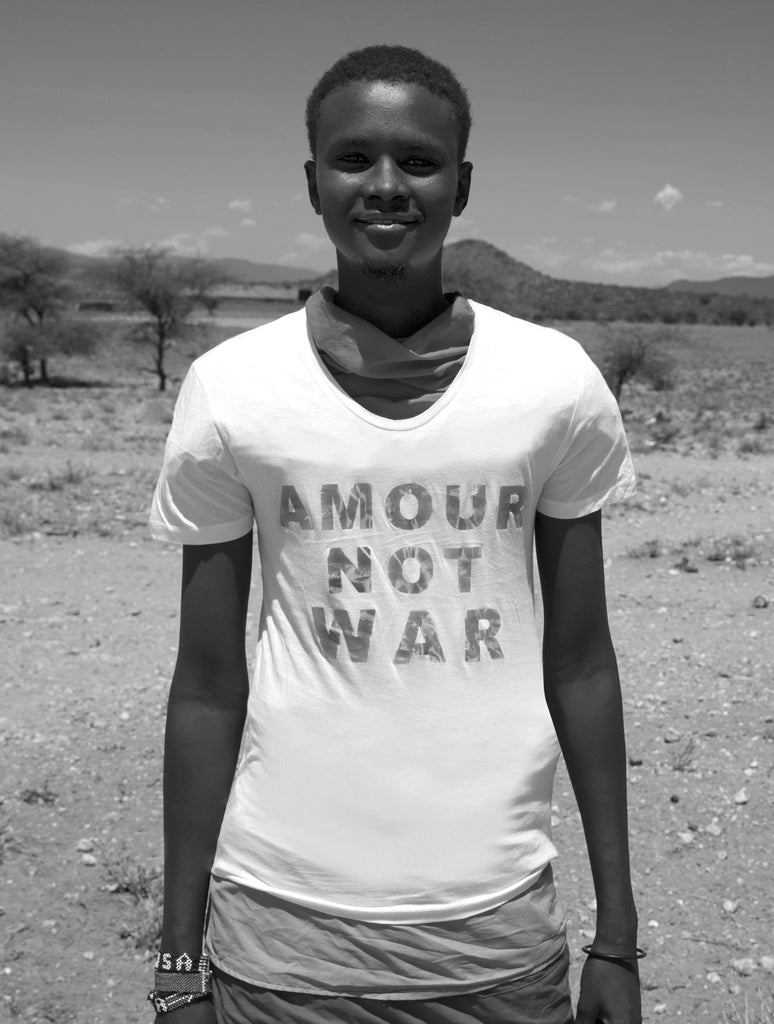 Sonya Rothwell photograph of Masai + Samburu tribe beautiful Kenya, Africa wearing her Temple Beautiful AMOUR NOT WAR Non-Profit T-Shirts helping deprived children live better lives : Highly collectable, museum quality fine art giclée prints on Hahnemühle archival wall art paper : 15% off your first order from Gallery Beautiful