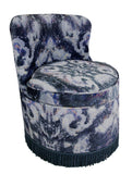 Side View, World of interiors, elle decor, vogue living design, SONYA ROTHWELL x GALLERY BEAUTIFUL TRITON TUB CHAIR BOUDOIR CHAIR IN MOKSHA ANISE VELVET, ornate fringed tub chair in midnight blue modern celestial design perfect style statement for home decor interior design