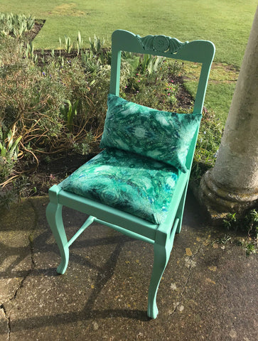 ONE-OFF HAND-PAINTED ANTIQUE AQUA CHAIR : AMULET FOREST FABRIC