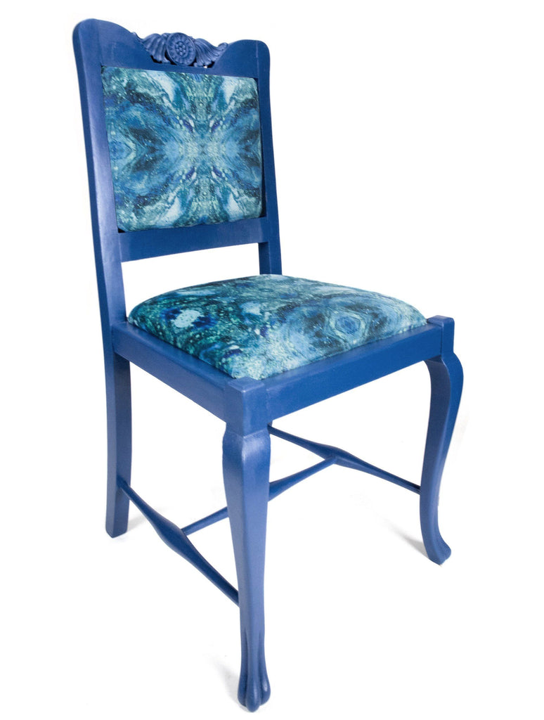 Chair - ONE-OFF HAND-PAINTED ANTIQUE BLUE CHAIR : AMULET LAKE FABRIC